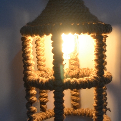 Industrial Hanging Pendant Light Lantern Style Rope Frame in Countryside Style