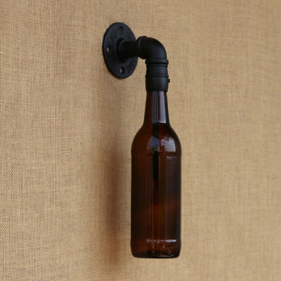 Industrial LOFT Wall Sconce Retro Vintage Style Black Arc Pipe Fixture Arm with Brown Bottle Glass Shade