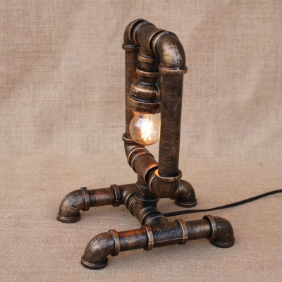 Vintage Pipe Table Lamp Creative LOFT Fixture Body in Open Bulb Style, Aged Brass
