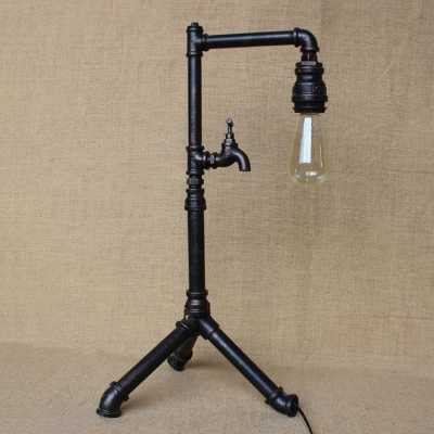 Industrial Floor Lamp with Tap Decorative Pipe Fixture in Open Bulb Style, Black