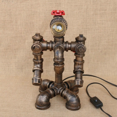 Industrial Pipe Table Lamp with Robert Shape Lamp Base in Bronze, Open Bulb Style