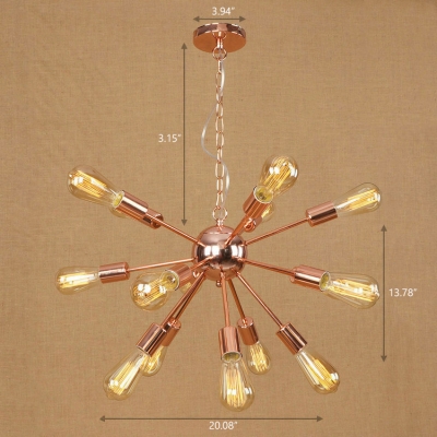 Industrial Vintage Chandelier 15 Light Open Bulb Style with Radial Fixture Arm in Copper
