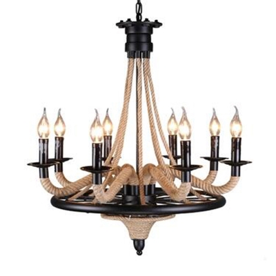 

Industrial Vintage Chandelier 8 Light with E14 Lighting Candle Plate, Wrought Iron and Rope Fixture, HL448736