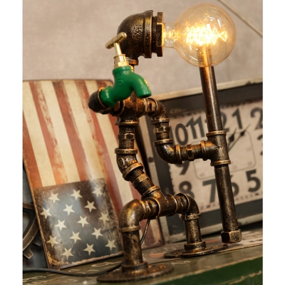 Industrial Pipe Desk Lamp with Robert Shape Base, Aged Bronze