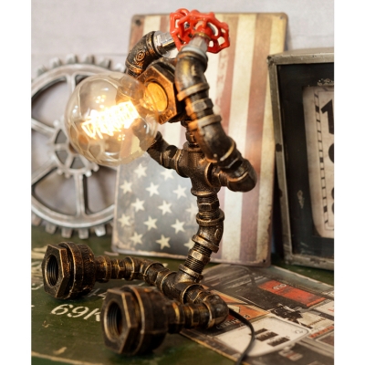 Industrial Pipe Table Lamp with Robert Shape Base in Bronze