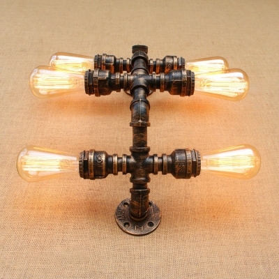 Industrial Pipe Wall Sconce with 6 Light and Arc Fixture Arm, Aged Brass
