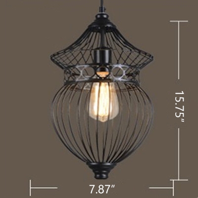 Industrial Wrought Iron Single Pendant Light 15 Inch High with Wire Cage Shade