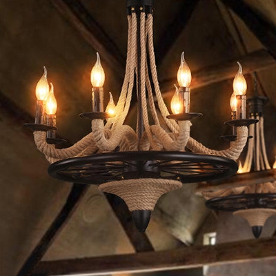 Industrial Vintage Chandelier 8 Light with E14 Lighting Candle Plate, Wrought Iron and Rope Fixture