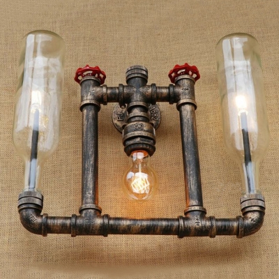 Industrial Wall Sconce 3 Light LOFT Retro Pipe Fixture Body with G4 Clear Bottle Glass Shade
