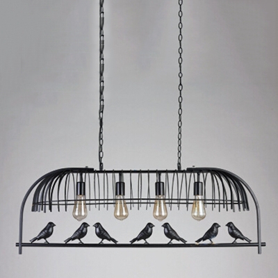 Industrial Island Pendant in Birdcage Style, Black, 4 Light