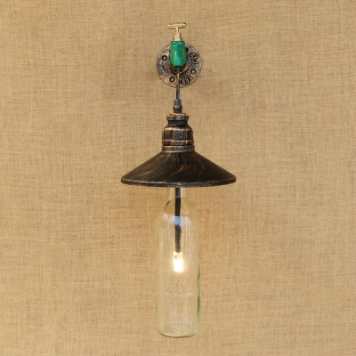 Industrial LOFT Wall Sconce with Tap Decorative Pipe Fixture and Metal Shade, Clear Bottle Glass Shade