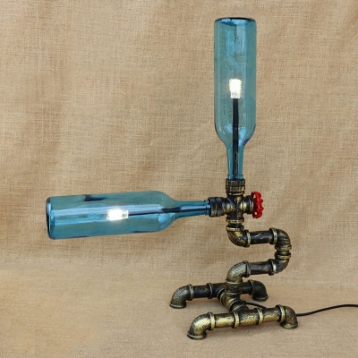 Industrial Table Lamp with 2 Light G4 Led Pipe Style Fixture Body, Blue Bottle Glass Shade