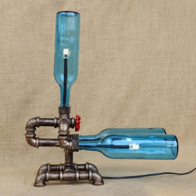 Industrial Vintage Table Lamp G4 LED Fabulous Design with Pipe Fixture Arm, Blue Glass Shade