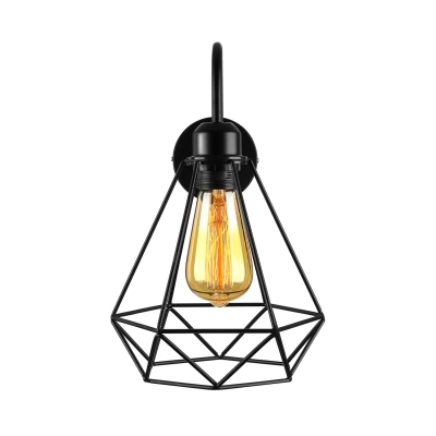 Industrial Wall Sconce with Wrought Iron Diamond Shape Metal Cage Frame