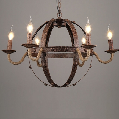Industrial Mottled Rust Iron Finish 28" Width Goble 6 Light LED Chandelier with Rope