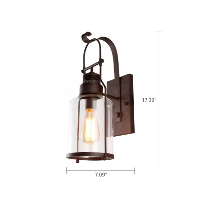 Industrial Wall Sconce with Clear Glass Metal Lantern in Rust