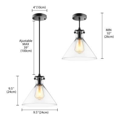 Cone Clear Glass Single Light Hanging Industrial LED Pendant Lighting in Black