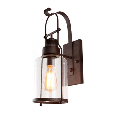Industrial Wall Sconce with Clear Glass Metal Lantern in Rust