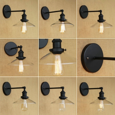 Industrial Wall Sconce with 8.66''W Cone Glass Shade, Clear