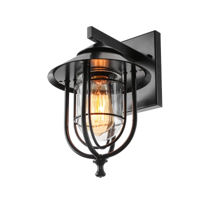 Industrial Wall Sconce in Nautical Style with Metal Cage, Black