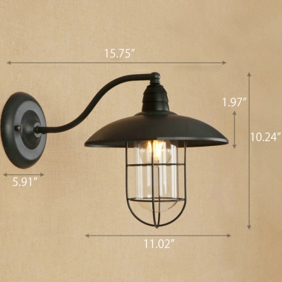 Industrial Nautical Wall Sconce with Glass Shade and Metal Cage