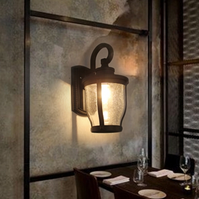 Industrial Wall Sconce in Vintage Style with Seeded Glass Shade, Black