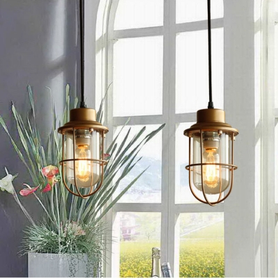 Industrial Pendant Light in Nautical Style with Metal Cage, Gold