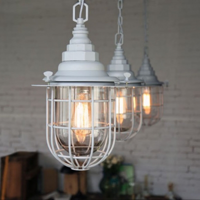 Industrial Pendant Light in Nautical Style with Clear Glass Shade, White