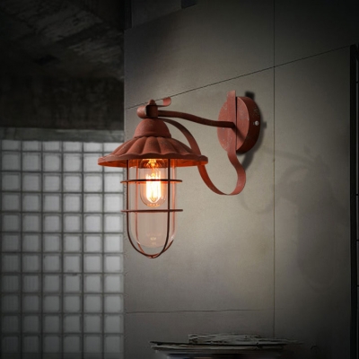 Industrial Wall Sconce with Metal Cage and Glass Shade in Nautical Style, Rust