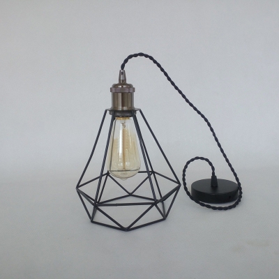 Industrial Pendant Light with 7.87''W Diamond Shape Metal Cage, Black