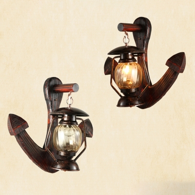 Industrial Nautical Wall Light with Wood Lamp Base in Vintage Style