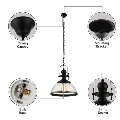 Industrial Pendant Light with 12'W Bowl Glass Shade, Black for Dining Room Staircase