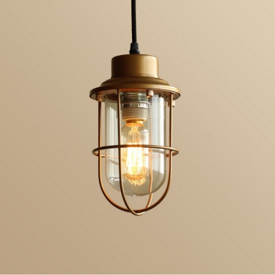 Industrial Pendant Light in Nautical Style with Metal Cage, Gold