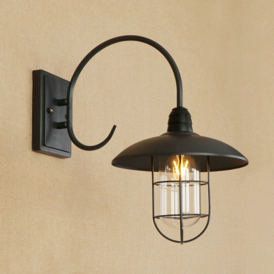 Industrial Wall Sconce with Arched Fixture Arm in Black Finish