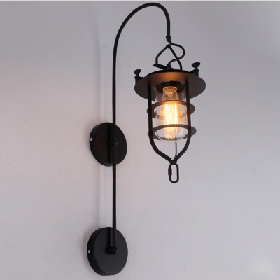 Industrial Nautical Wall Light with Metal Cage and Glass Shade, Black