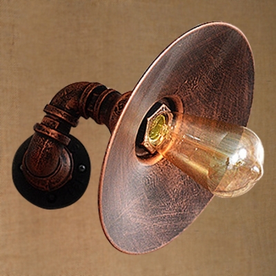 Industrial Pipe Wall Sconce with 11.42''W Saucer Metal Shade in Rust