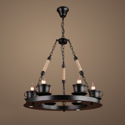 Industrial 25.5''W Chandelier with Teacap Lamp Socket in Black, 6 Light