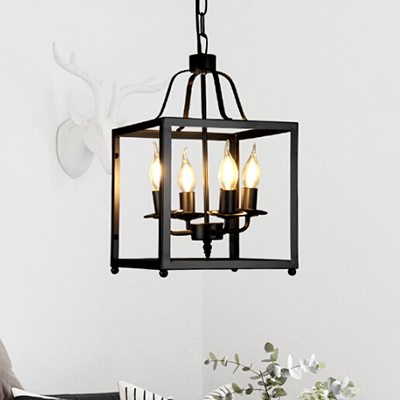 Industrial 4 Light Chandelier with Square Metal Cage in Open Bulb Style, Black