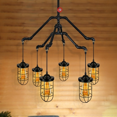 

Industrial 6 Light Pipe Chandelier with Metal Cage and Glass Shade in Black, HL458275