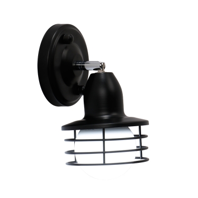 Industrial Mini Wall Sconce with Metal Cage in Black/White