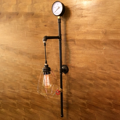 Industrial Pipe Wall Sconce with Metal Cage and Preaaure Gauge, Black