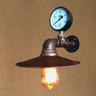 Industrial 11.42''W Wall Sconce with Pressure Gauge and Saucer Metal Shade, Rust