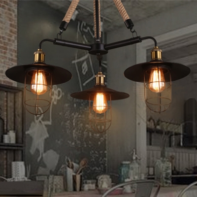 Industrial 31''W Chandelier with Metal Cage in Black Finish, 3 Light