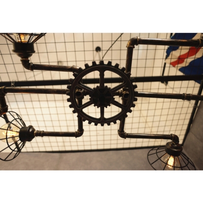 Industrial 55''W Pipe Chandelier with Metal Cage and Gear in Rust, 6 Light
