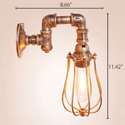Industrial Pipe Wall Sconce with Metal Cage in Rust Finish