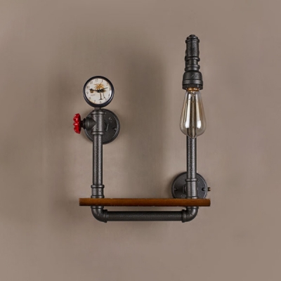 Industrial Wall Sconce with Pressure Gauge and Wooden Shelf in Black