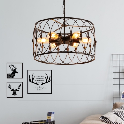 Industrial 15.75''W Chandelier with Cyliner Metal Cage in Vintage Style, 6 Light
