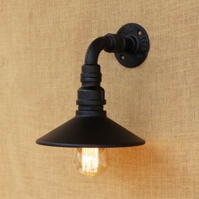 Industrial Wall Sconce with Cone Metal Shade in Pipe Style, Black