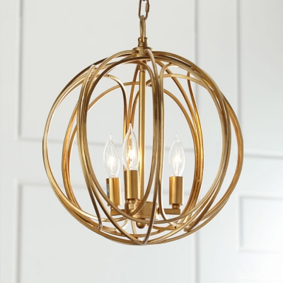 Industrial 13.8''W Chandelier with Globe Metal Cage Frame in Gold, 3 Light
