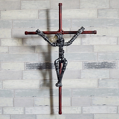 Industrial 24.41''W Pipe Wall Sconce with the Image of Jesus and Cross
